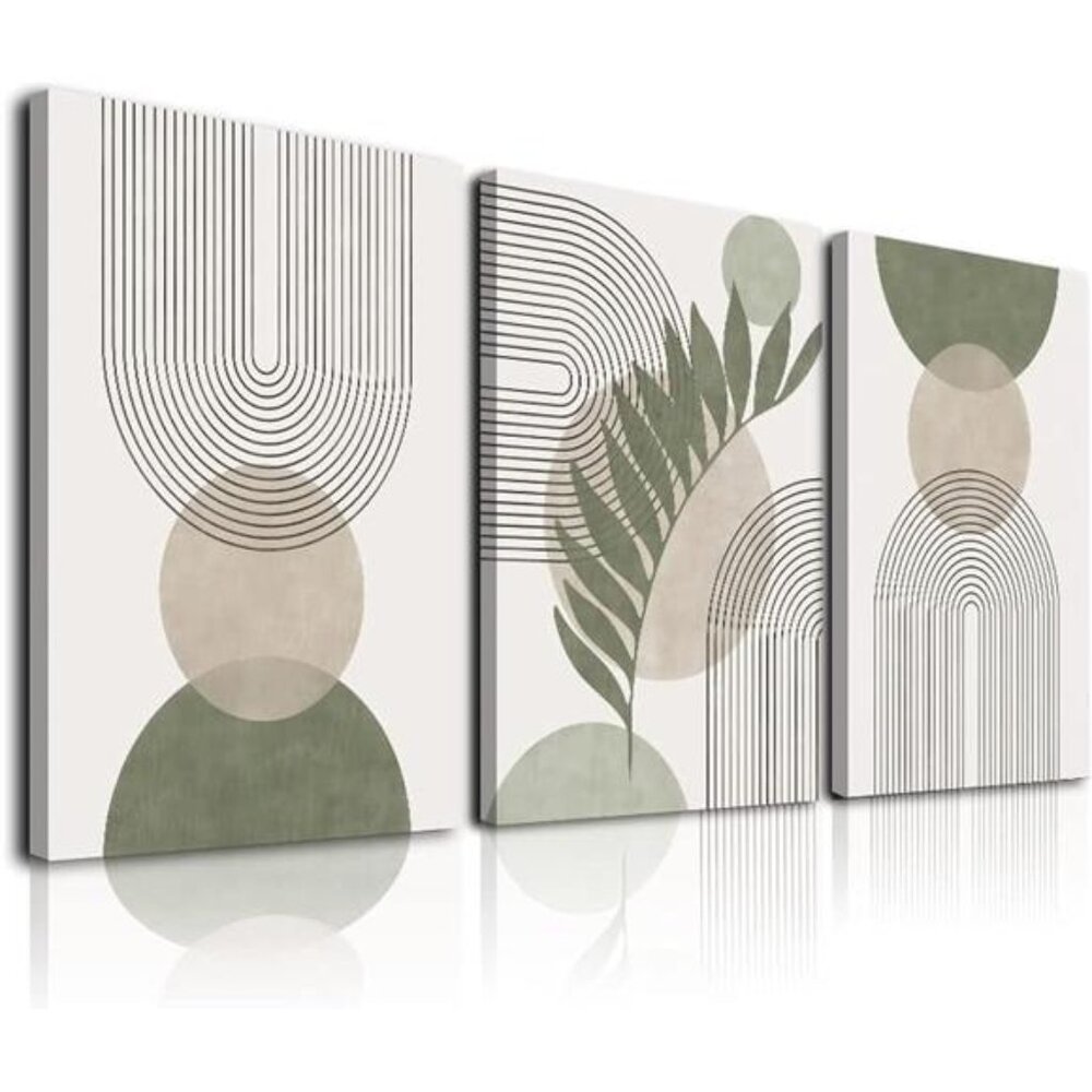 Sage Green Boho Wall Art Set of 3, Minimalist Framed Wall Art Geometric Line